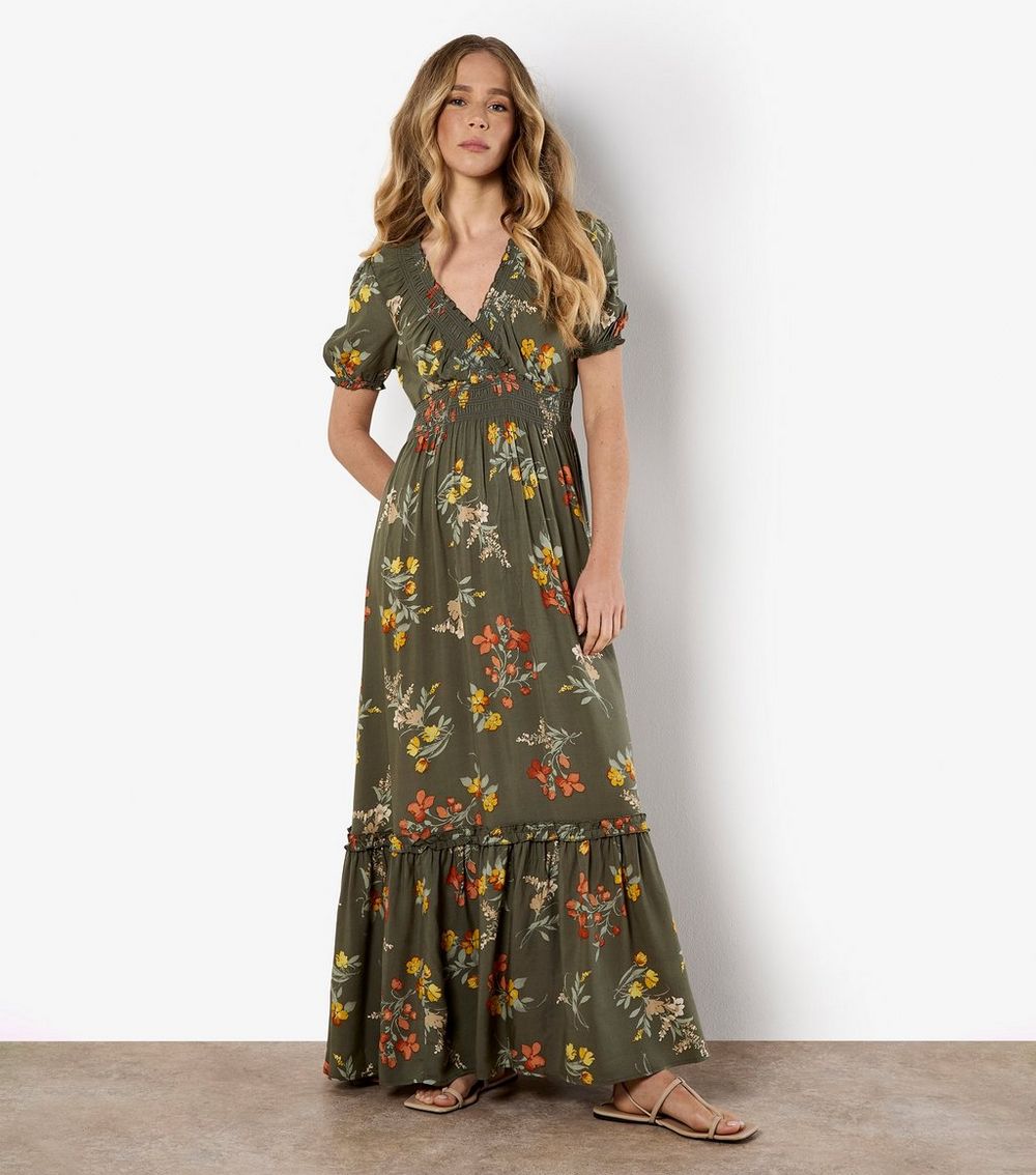 Apricot Khaki Floral Print Tiered Maxi Dress
