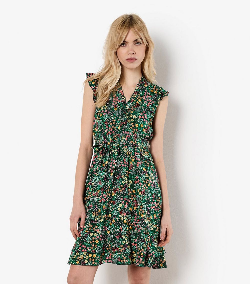 Apricot Green Floral Print Ruffled Mini Dress
