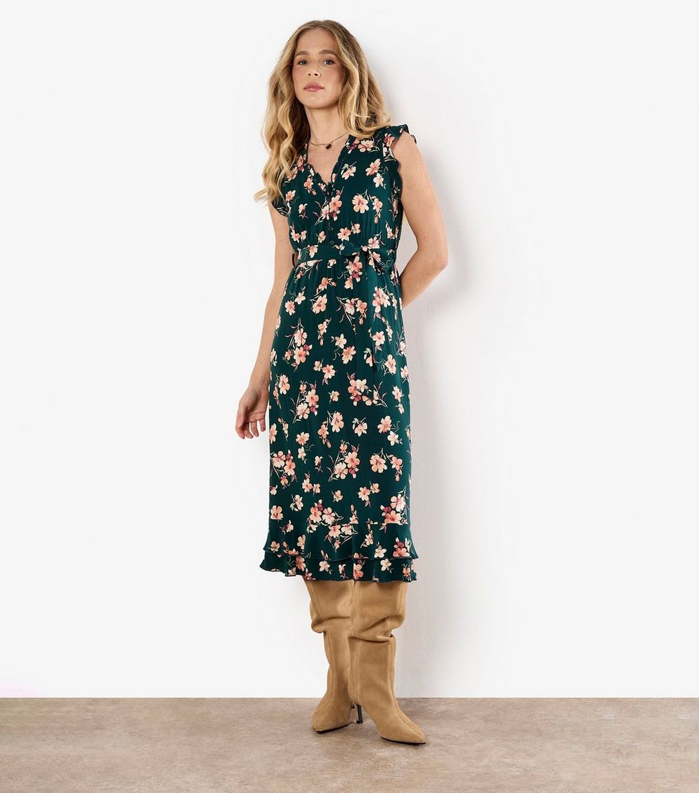 Apricot Green Floral Print Midi Dress
