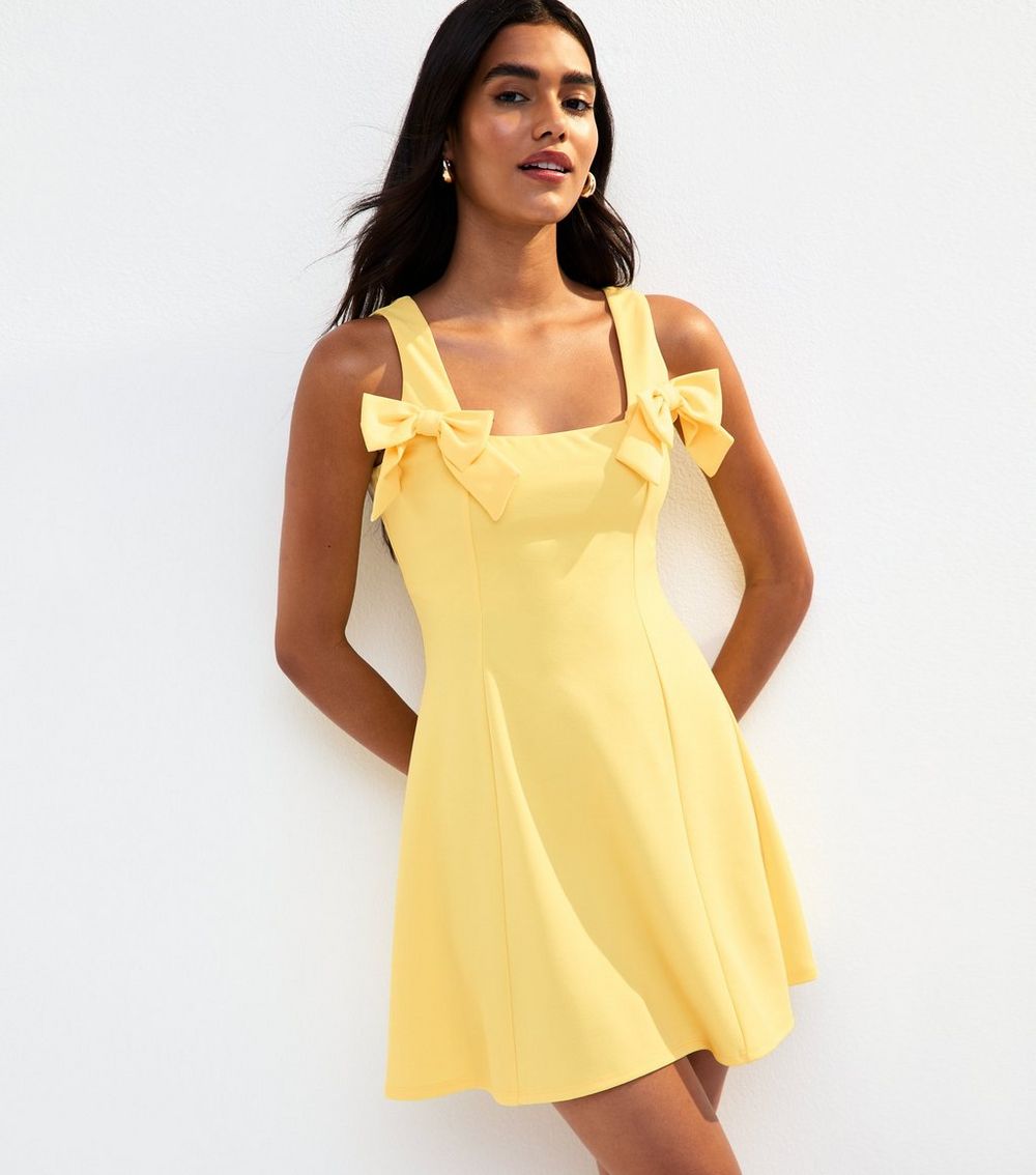 Light Yellow Bow Detail Flared Mini Dress