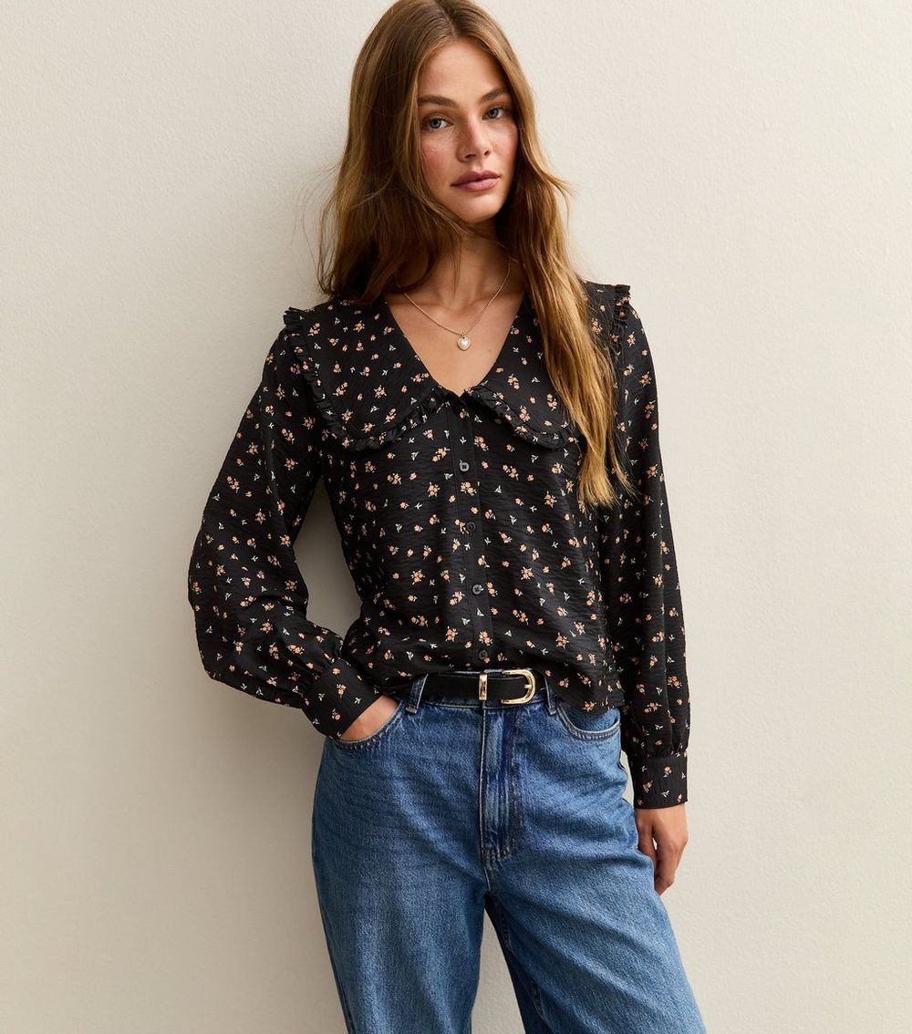 Black Floral Print Long Sleeve Shirt