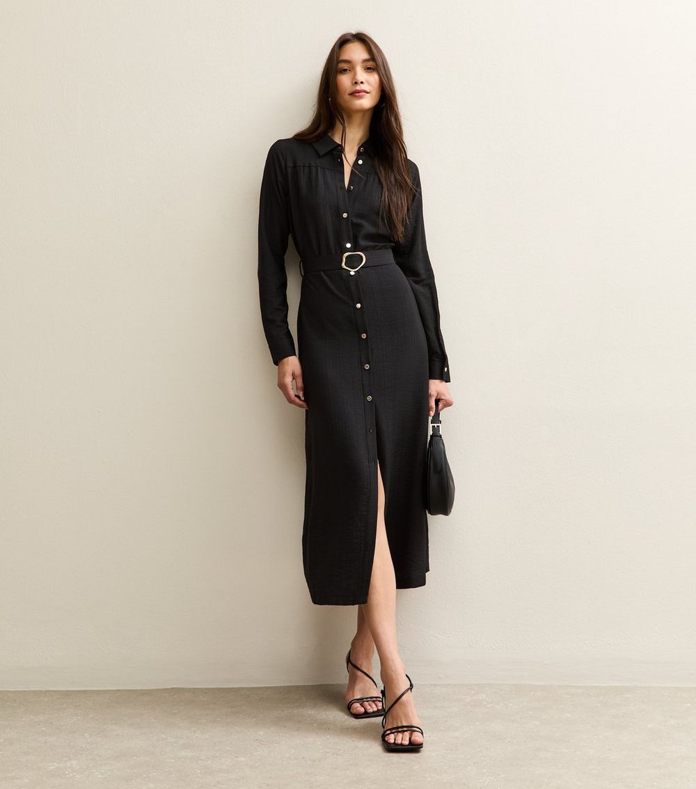 Black Long Sleeve Belted Midi Shirt Dress