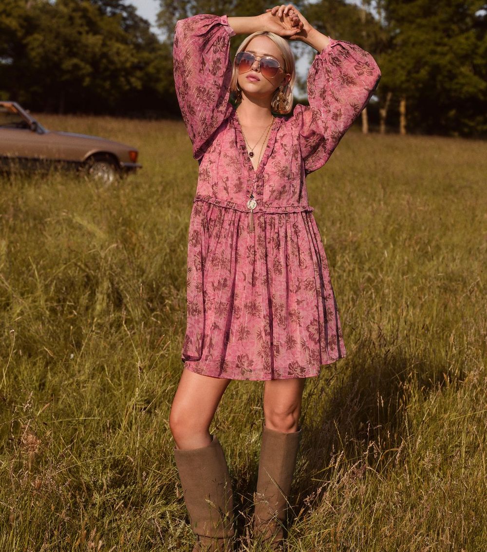 Pink Floral Print Chiffon Long Sleeve Mini Dress