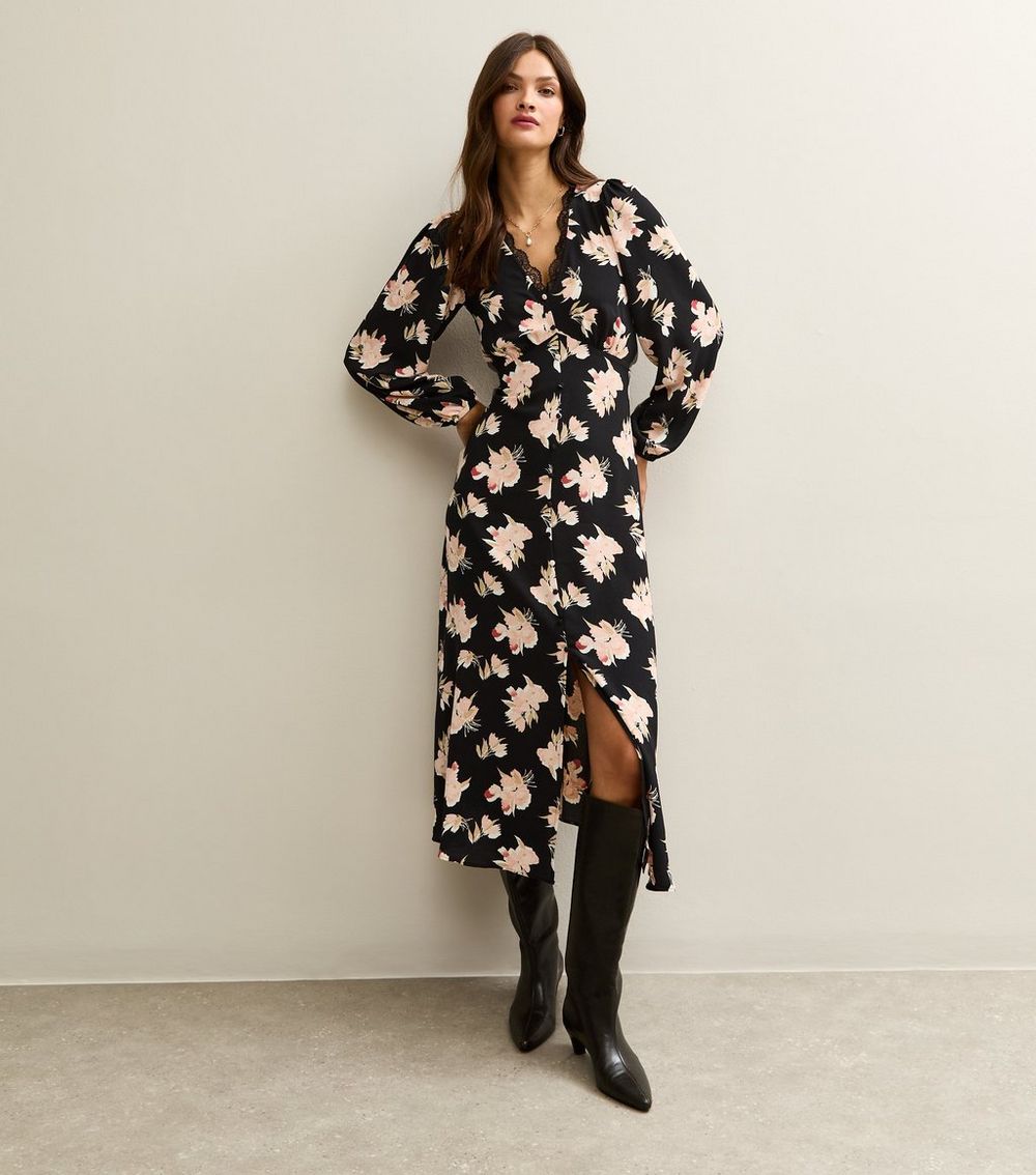 Tall Black Floral Lace Button Up Midi Dress