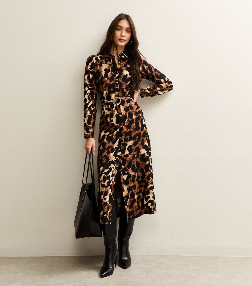 Brown Leopard Print Long Sleeve Shirt Dress