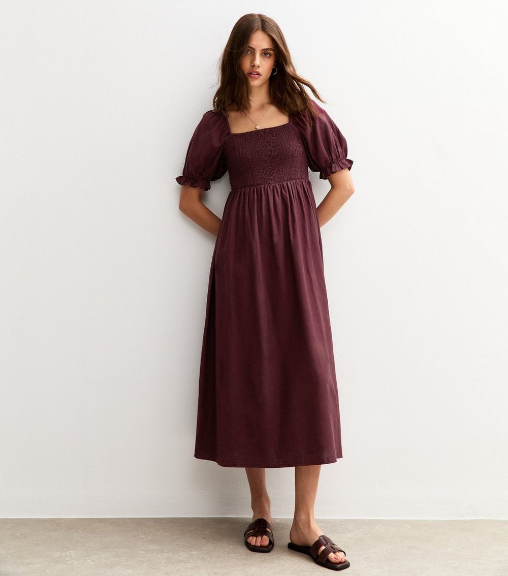 Burgundy Puff Sleeve Milkmaid Midi Dress