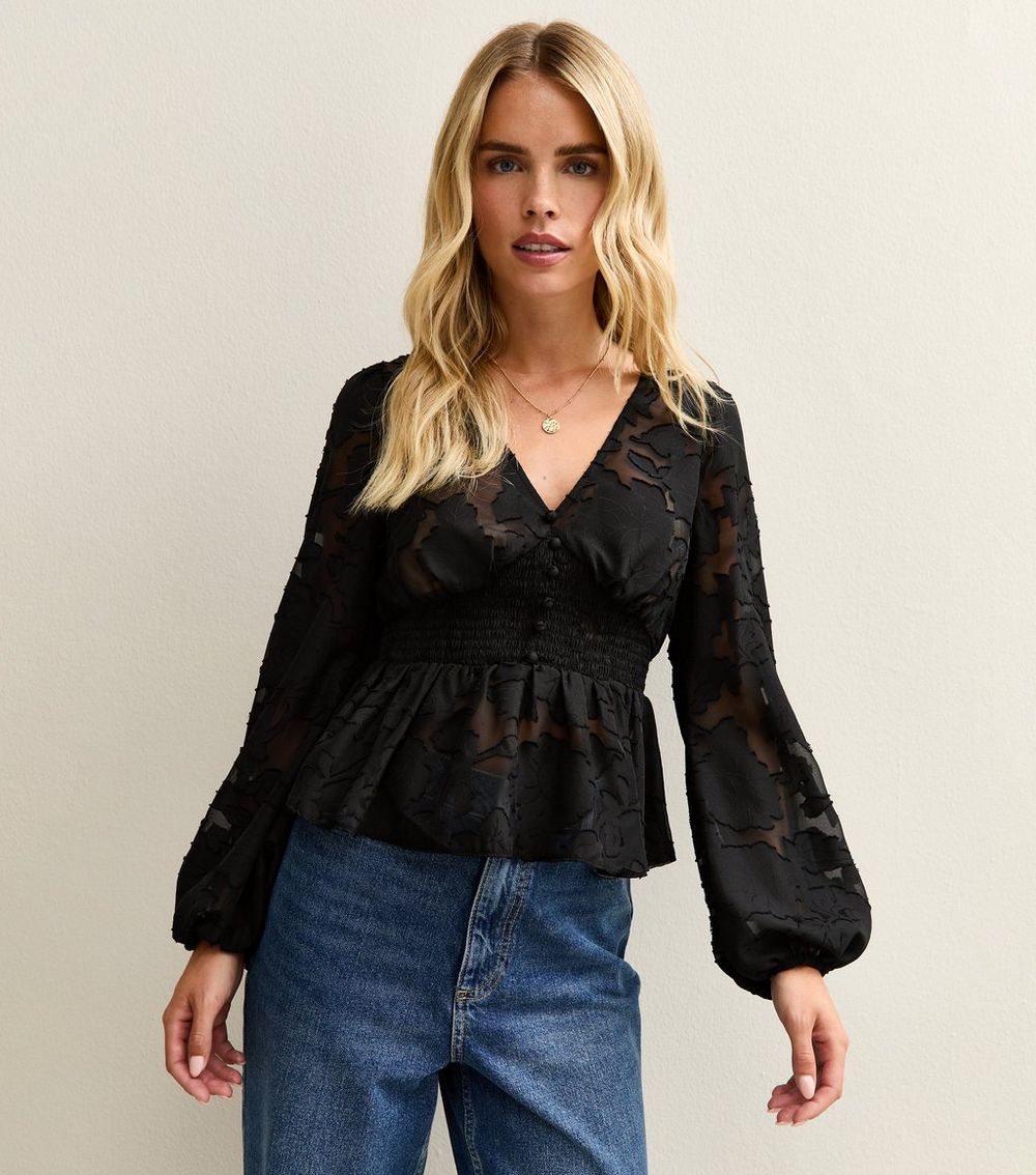 Petite Black Floral Jacquard Semi Sheer Peplum Blouse