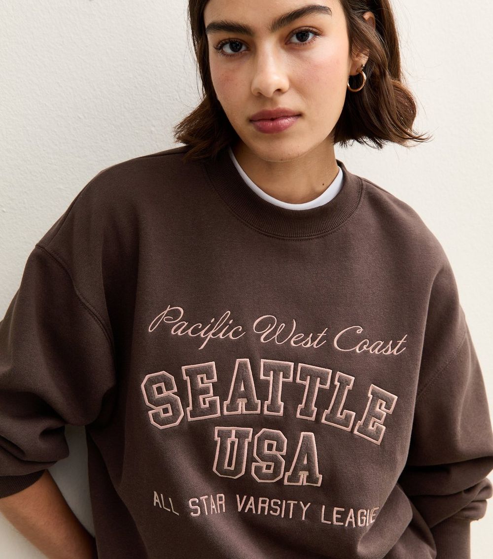 Brown Seattle Slogan Print Sweatshirt