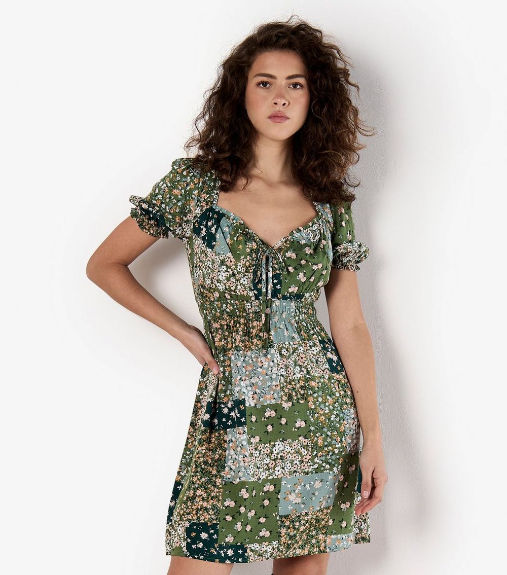 Apricot Green Floral Print Milkmaid Mini Dress