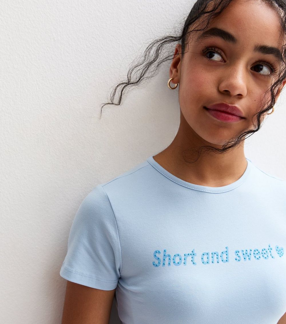 Girls Light Blue Short and Sweet Gem Embellished Baby Tee T