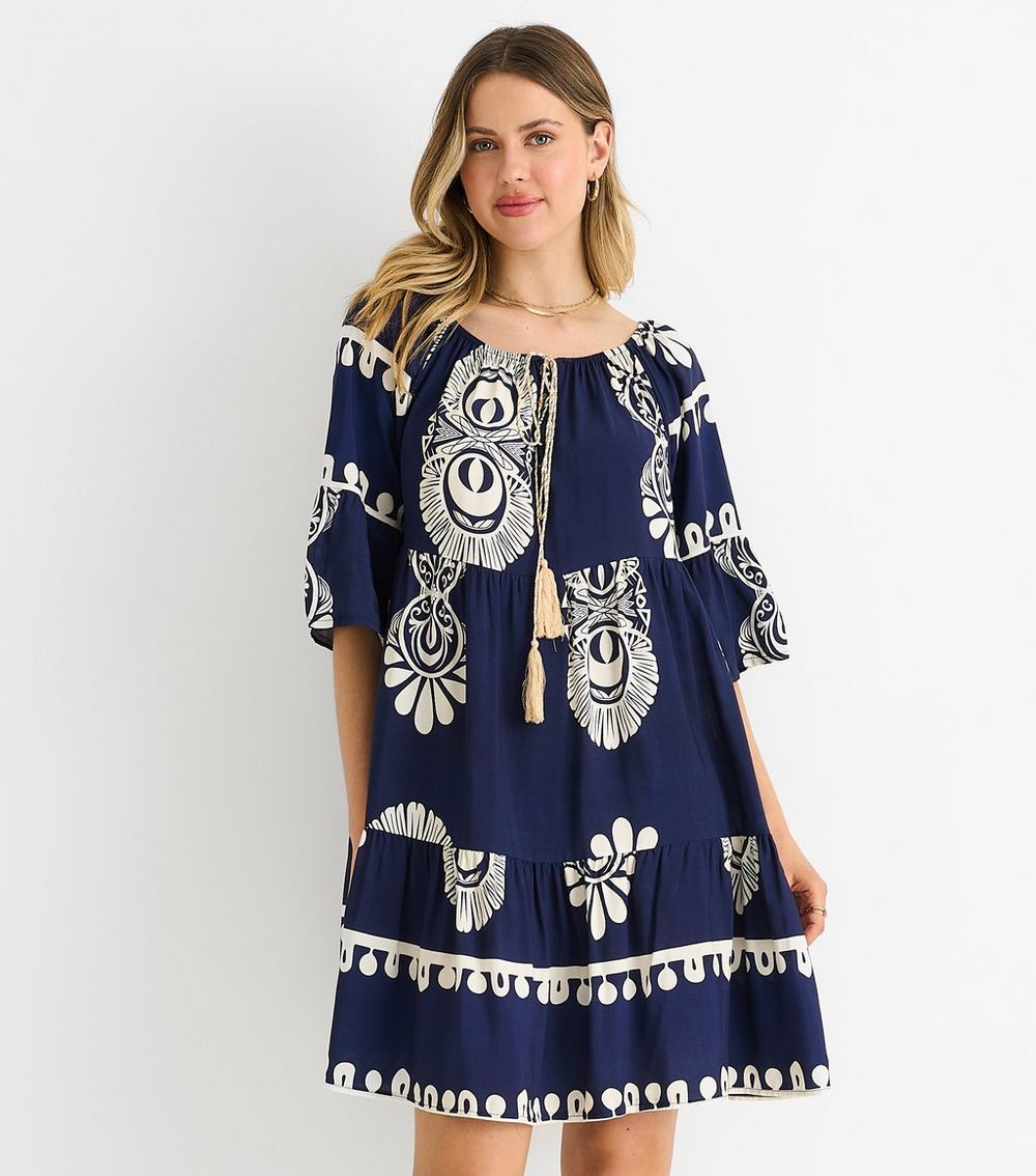Gini London Navy Abstract Print Flared Mini Dress