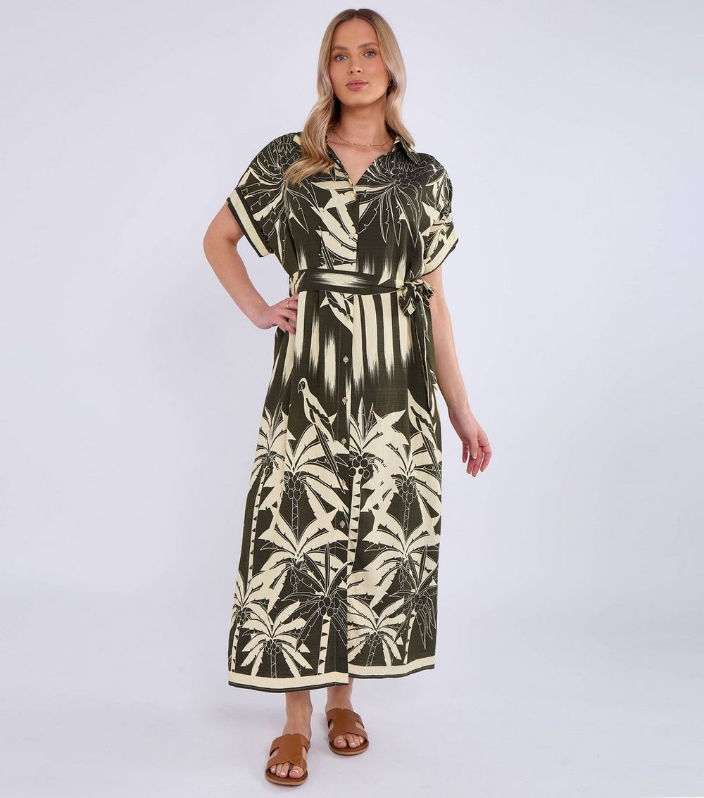Gini London Olive Green Tropical Print Midi Shirt Dress