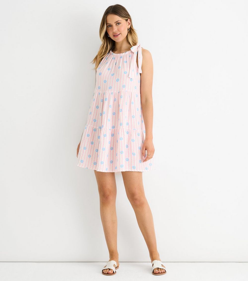 Gini London Pink Striped Floral Print Tiered Mini Dress