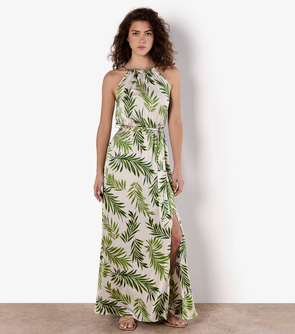 Apricot Stone Leaf Print Slit Hem Maxi Dress