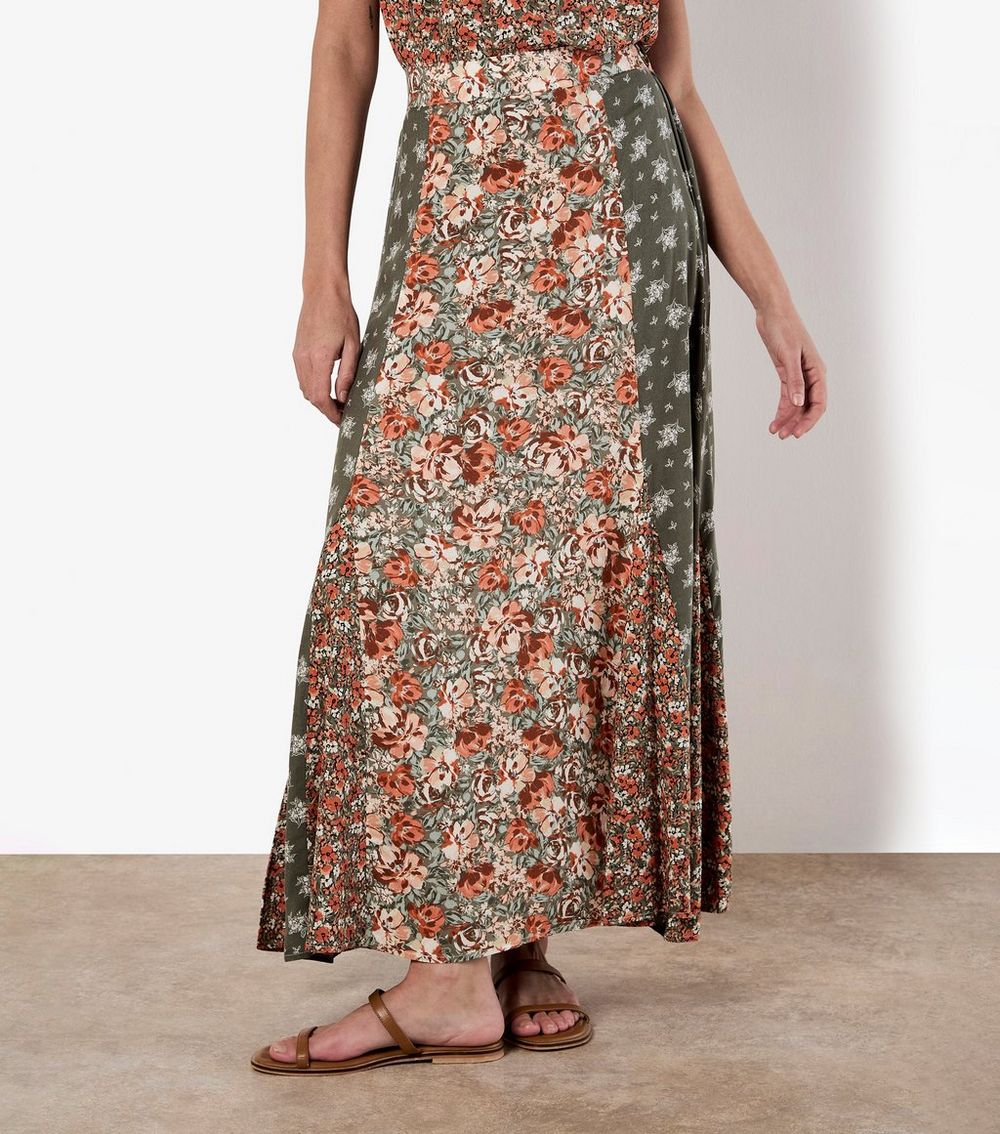Apricot Olive Floral Patchwork Midi Skirt