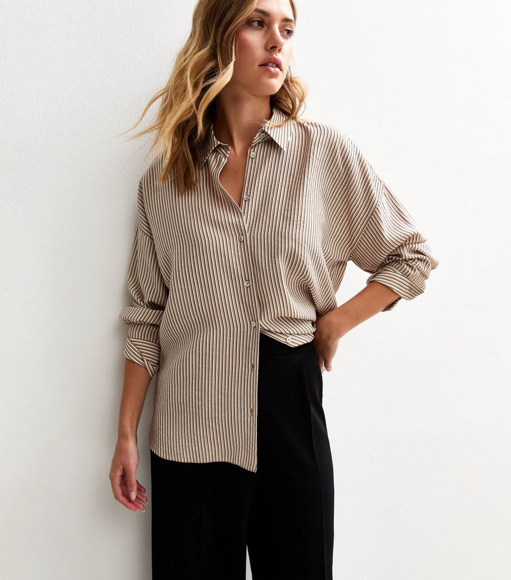 Brown Crinkle Texture Striped Long Sleeve Shirt
