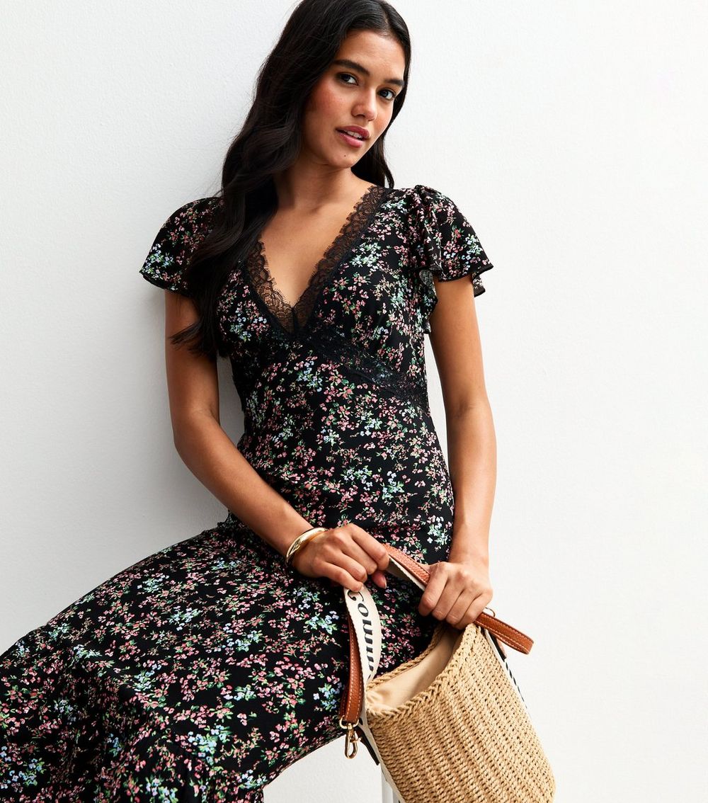 Black Floral Print Lace Trim Midi Dress