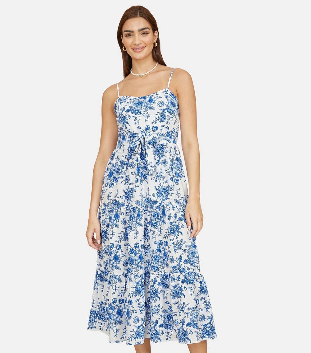 Yumi Blue Floral Print Tie Detail Midi Dress