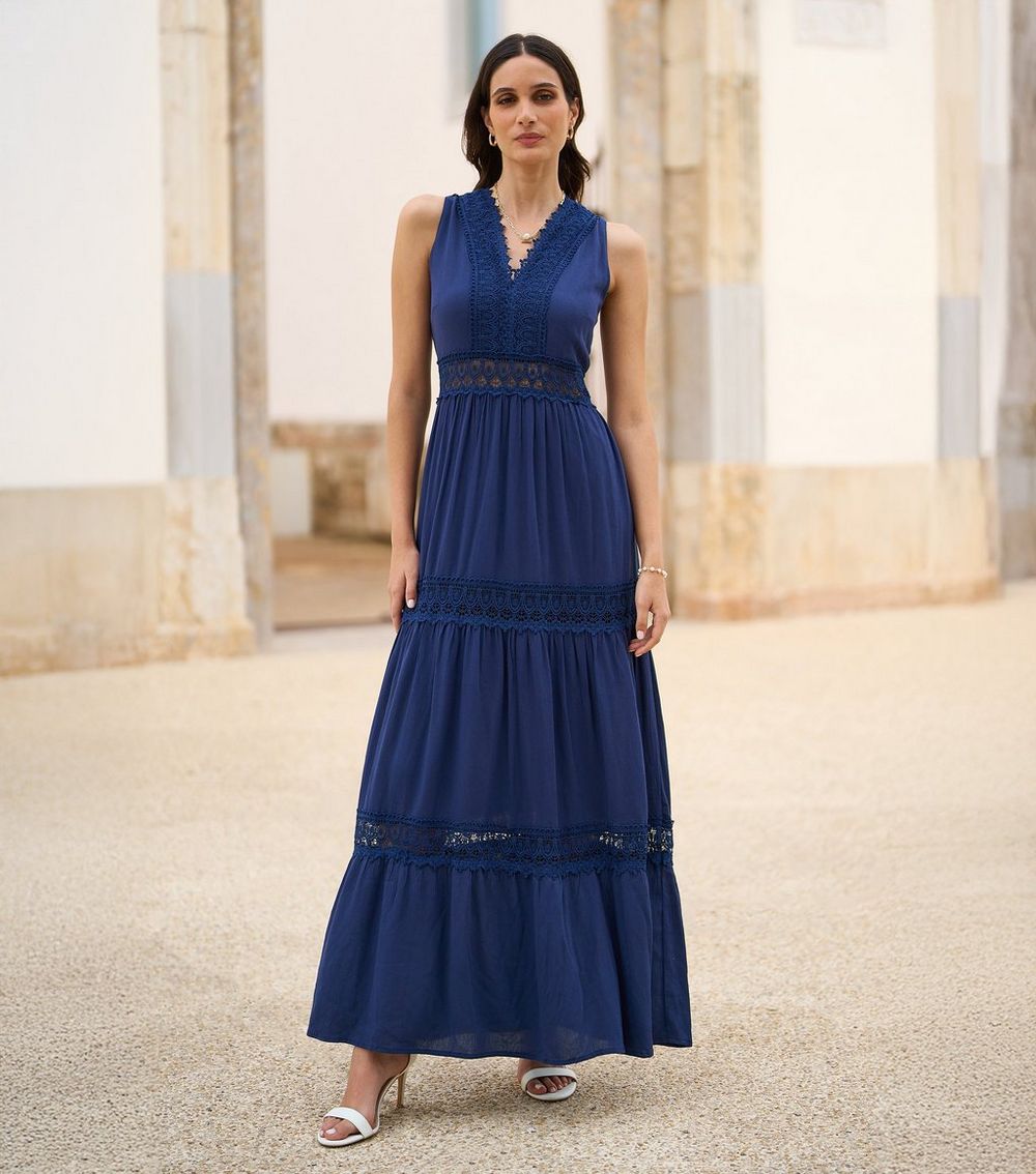 Yumi Navy Lace Trim Maxi Dress