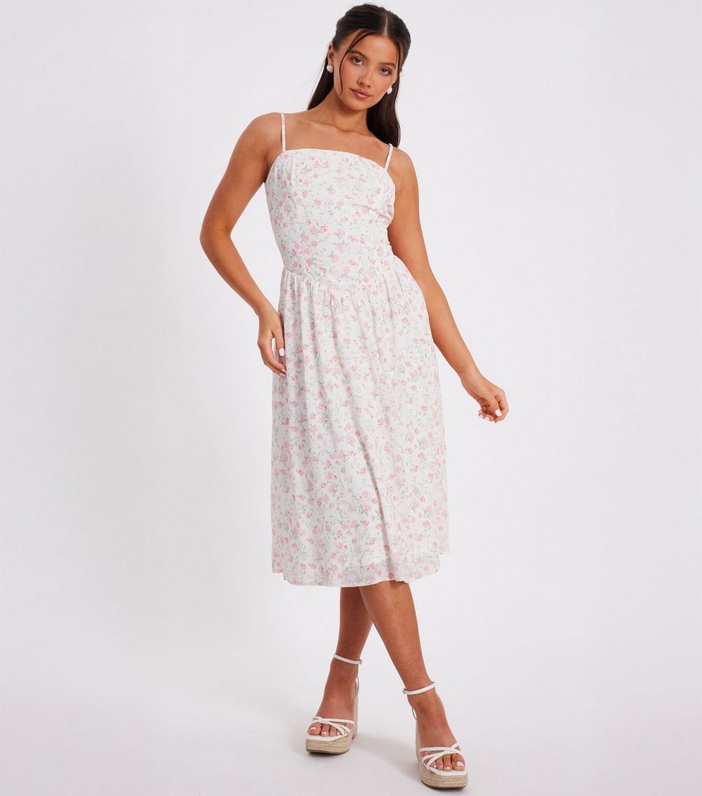 QUIZ Petite White Floral Print Midi Dress
