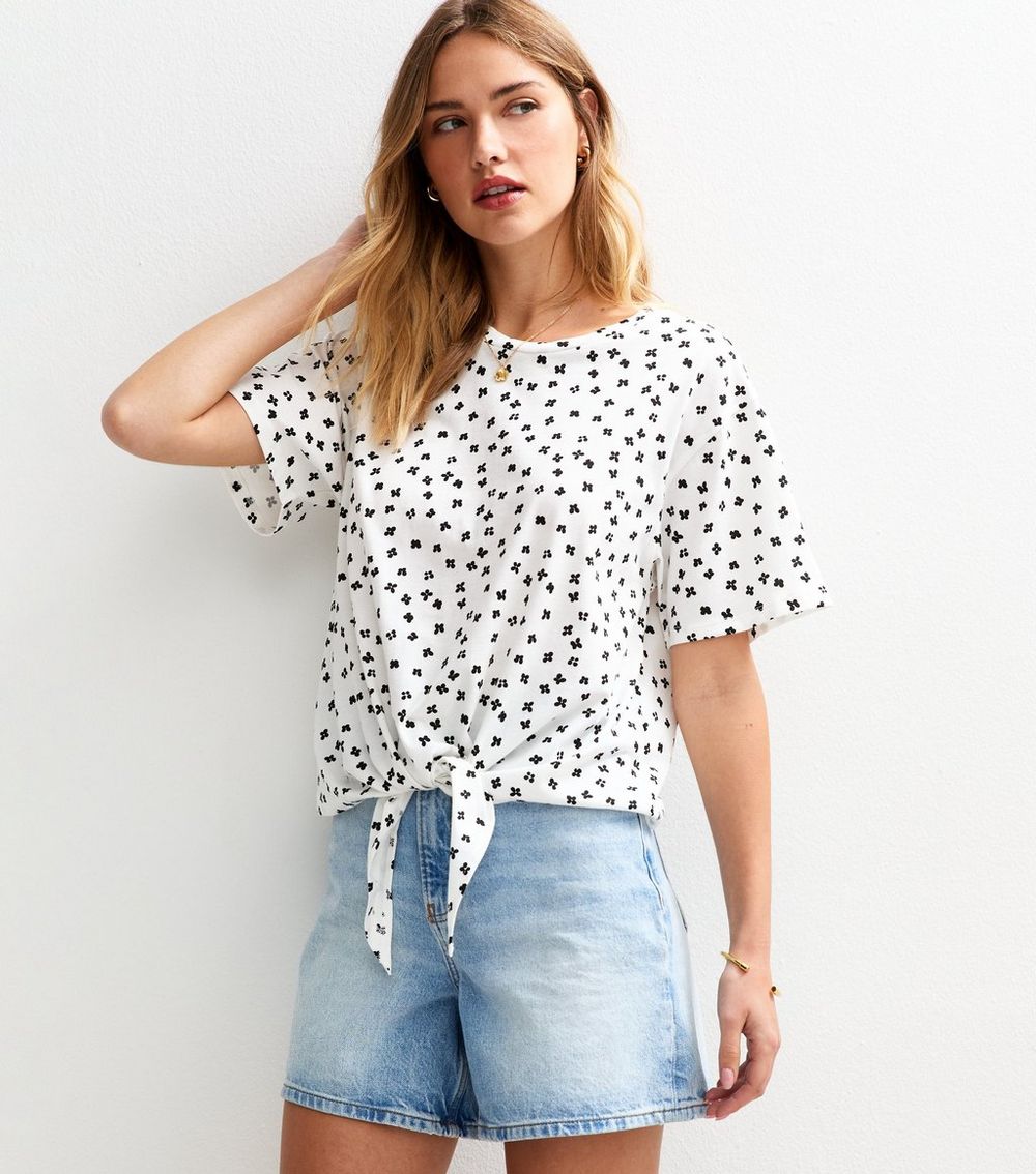 White Pattern Print Tie Front T