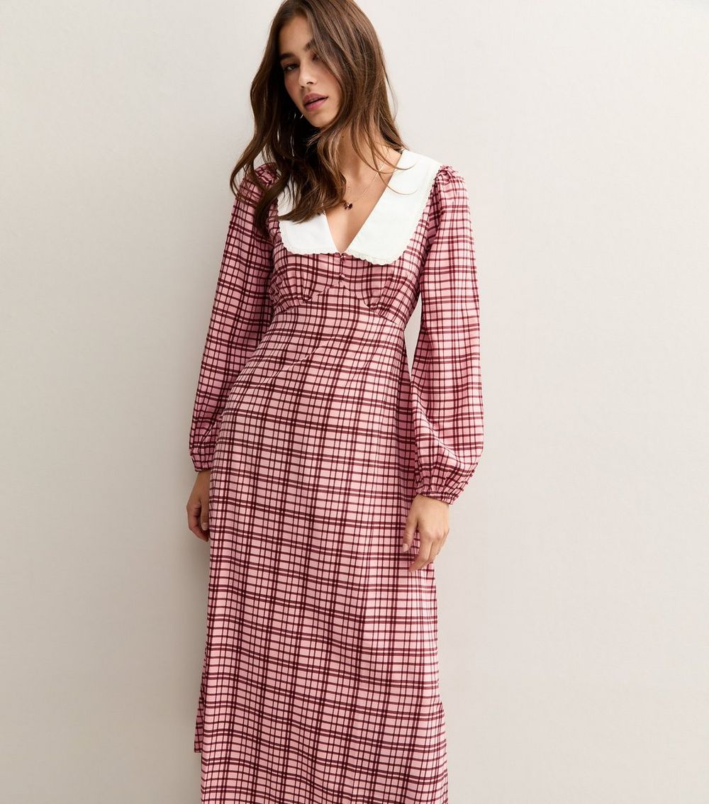 Pink Crepe Check Print Collar Detail Midi Dress