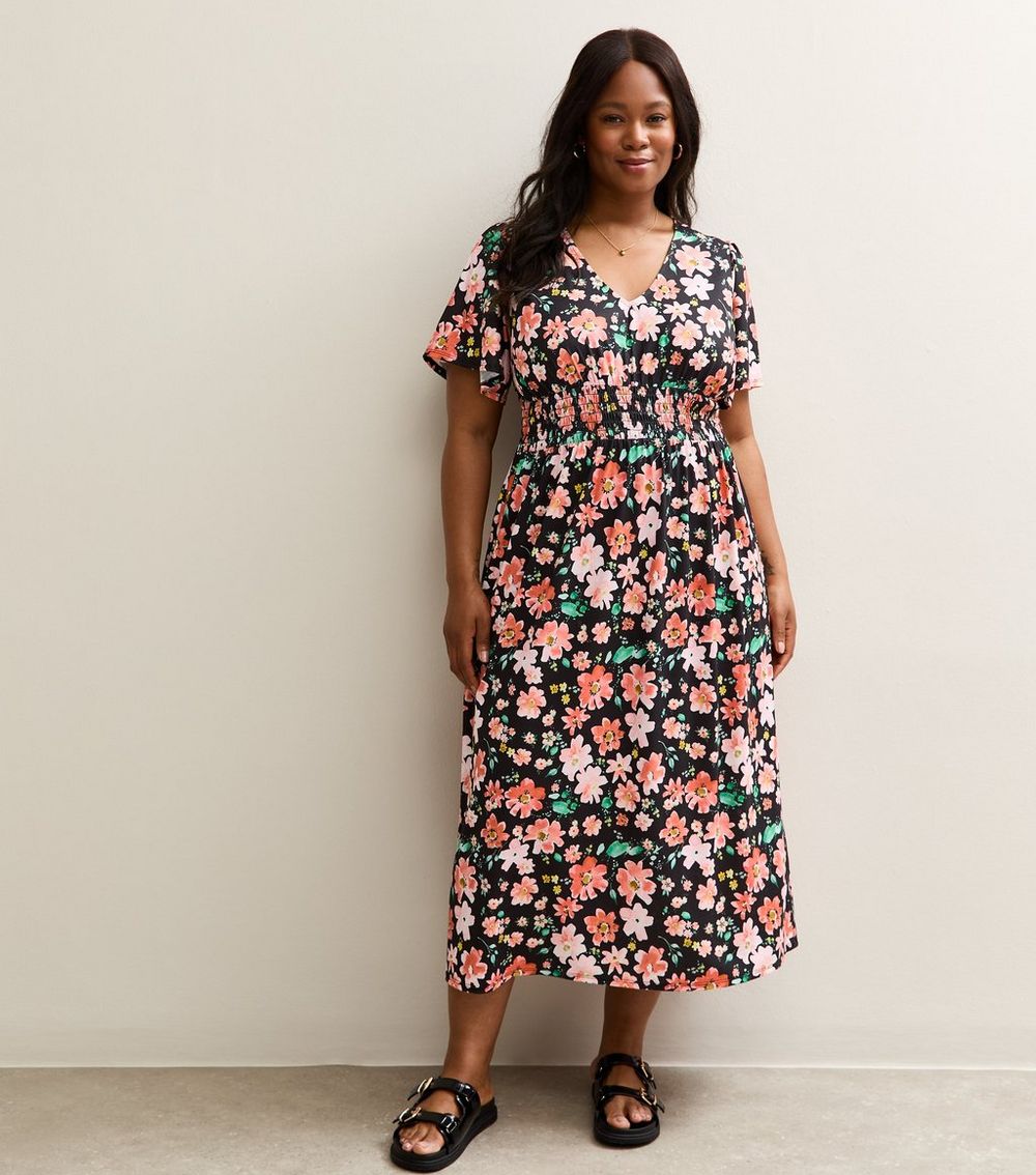 Curves Multicolour Floral Print Angel Sleeve Midi Dress