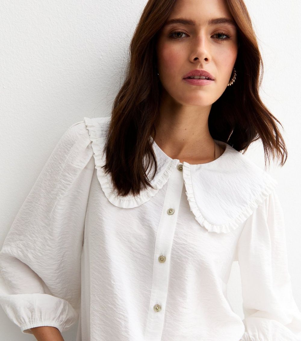 Off White Oversized Collar Crinkled Crop Sleeve Shirt