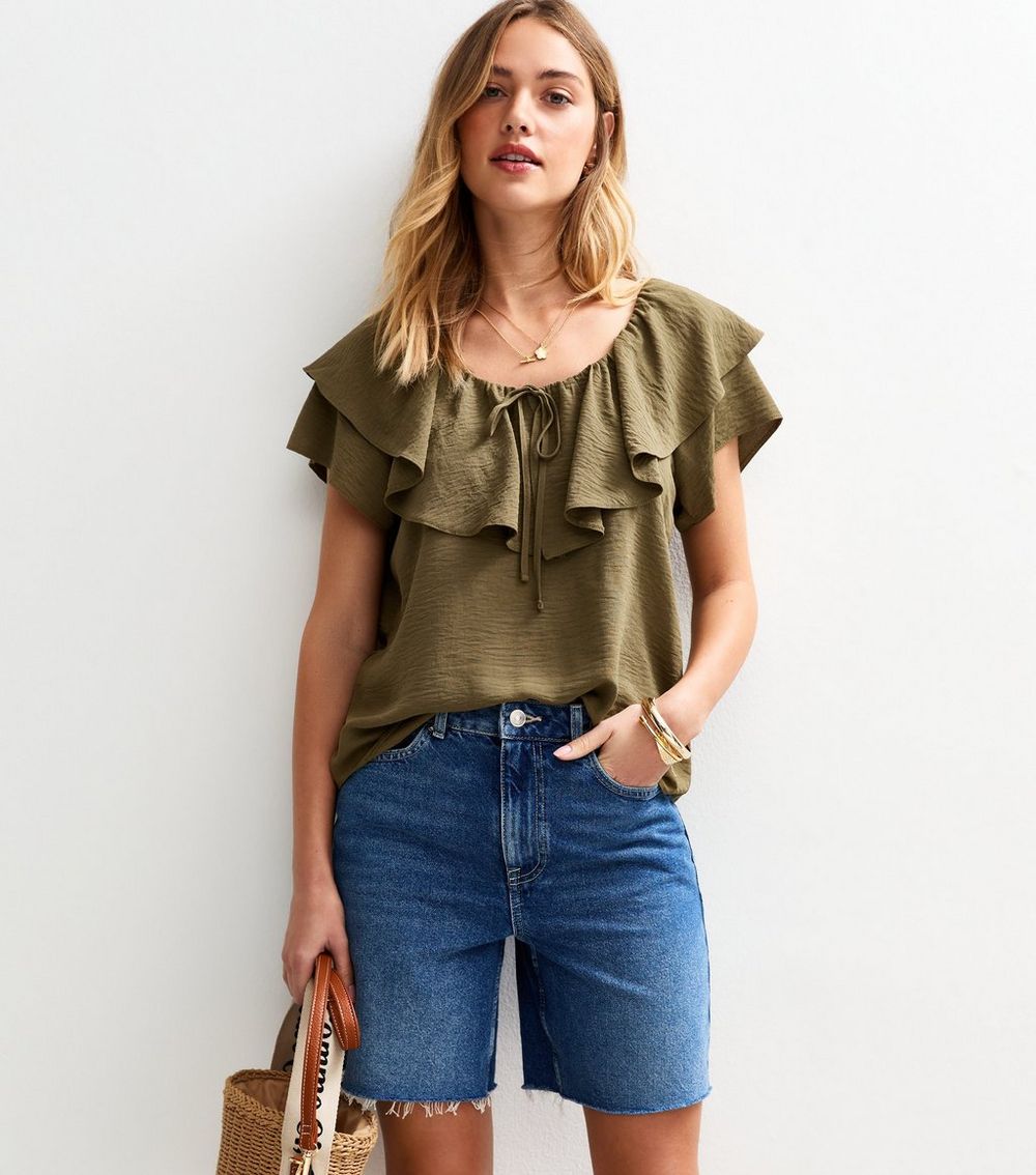 Khaki Crinkle Texture Frill Trimmed Short Sleeve Blouse