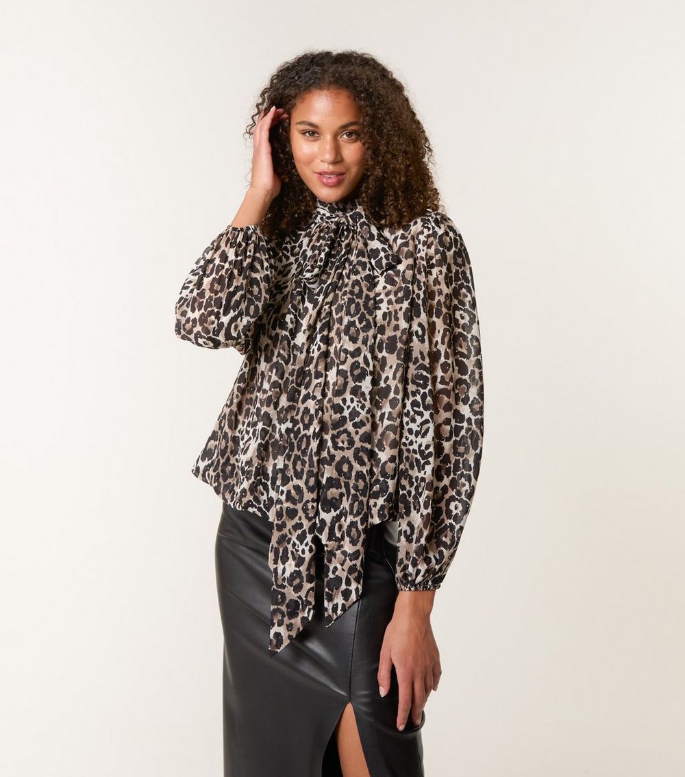 Blue Vanilla Brown Leopard Print Diamante Stud Puffball Hem Blouse