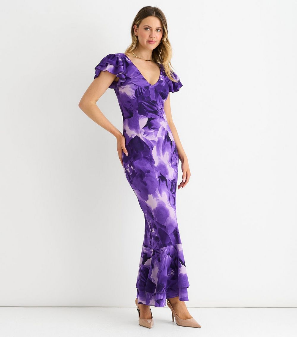 Gini London Light Purple Watercolour Floral Maxi Dress
