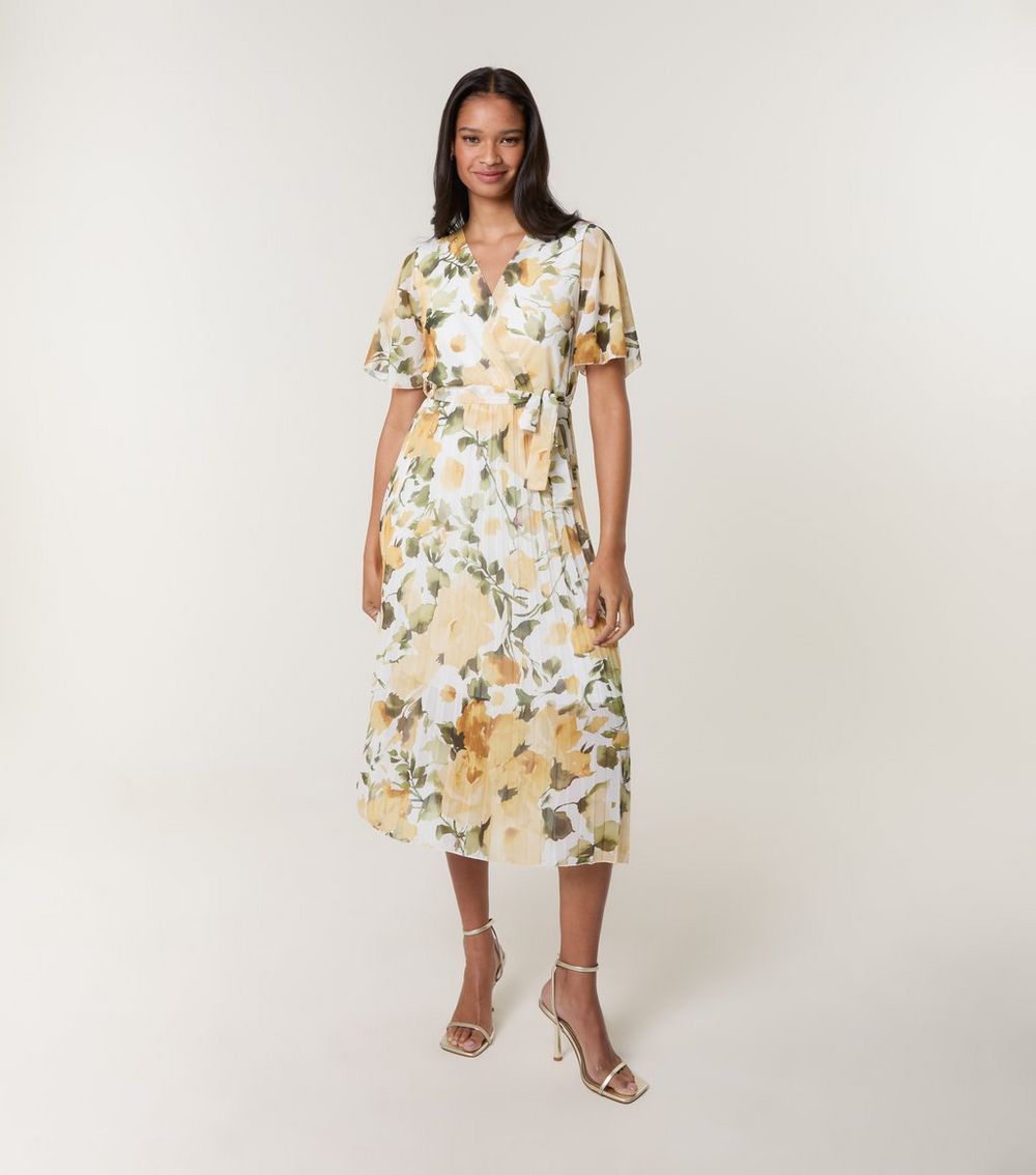 Blue Vanilla Light Yellow Floral Print Pleated Midi Dress