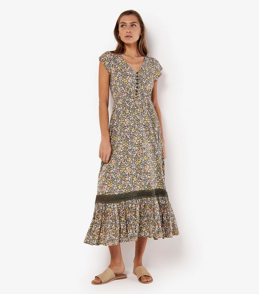 Apricot Olive Floral Print Crochet Trim Midi Dress