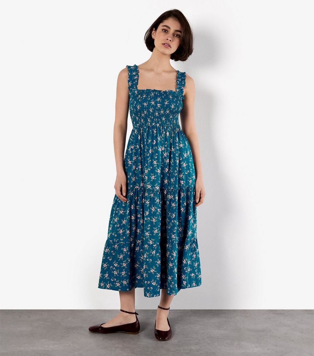 Apricot Blue Orchid  Print Smocked Bodice Midi Dress
