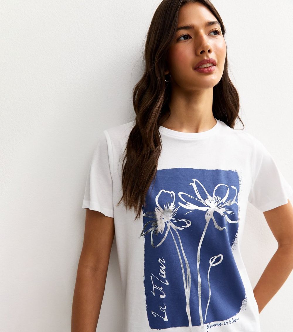 White Foiled Flower Print T