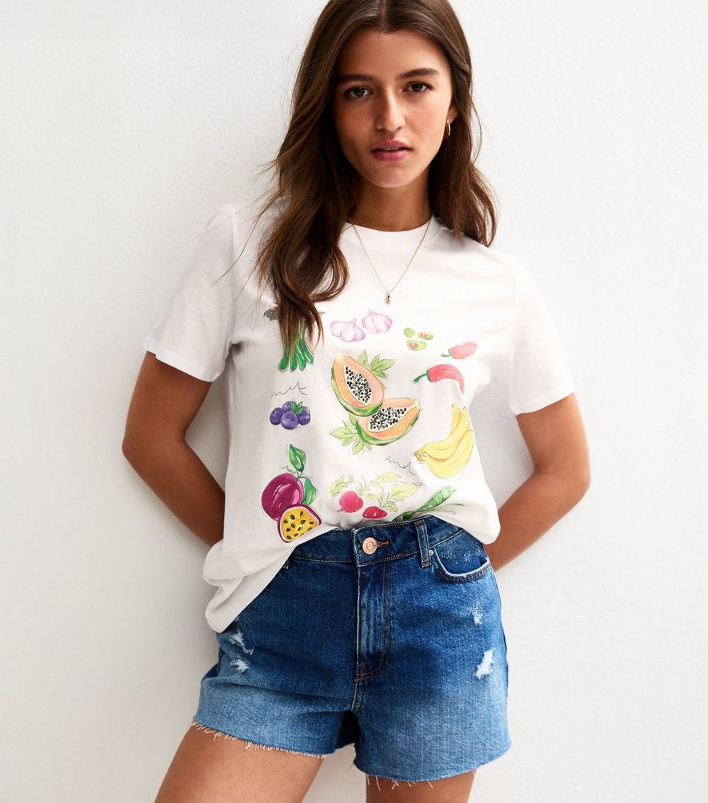 White Fruit and Vegetable Print Relaxed T