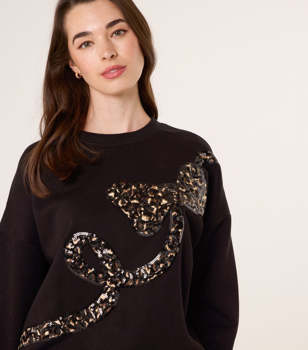 Blue Vanilla Black Leopard Print Bow Sequin Sweatshirt
