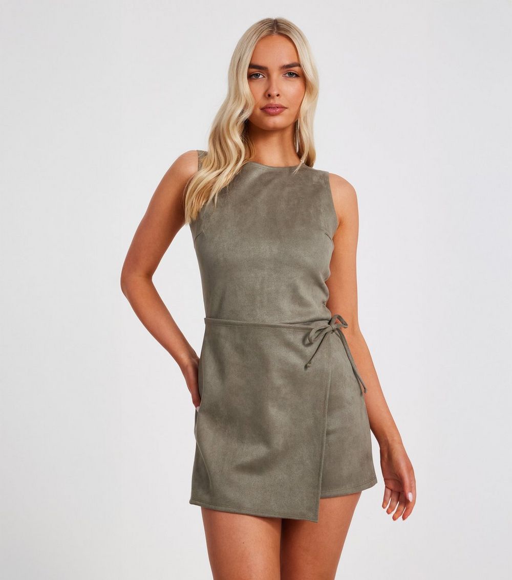 QUIZ Light Khaki Faux Suede Wrap Playsuit