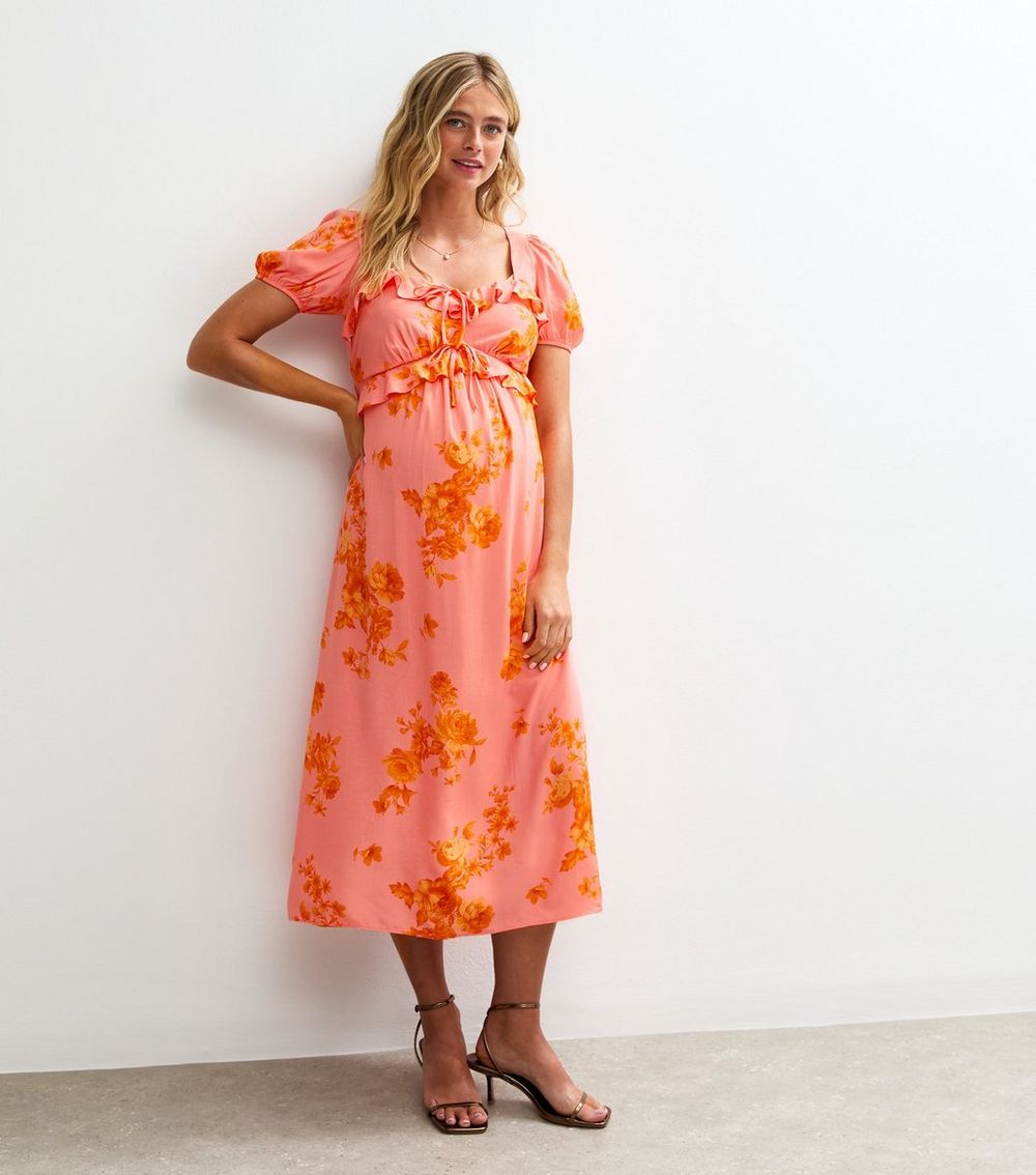 Maternity Pink Floral Print Milkmaid Ruffle Midi Dress