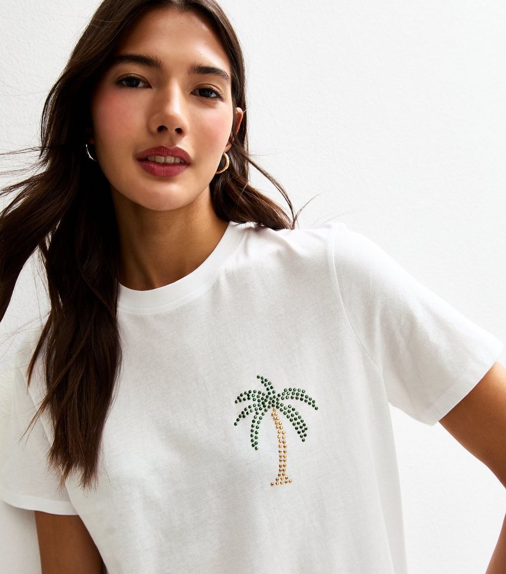 White Embellished Palm Tree T