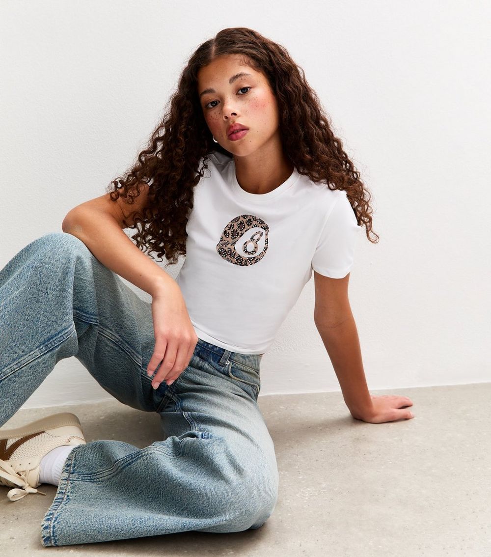 Girls White Gem Embellished Lucky Eight Print Baby Tee T