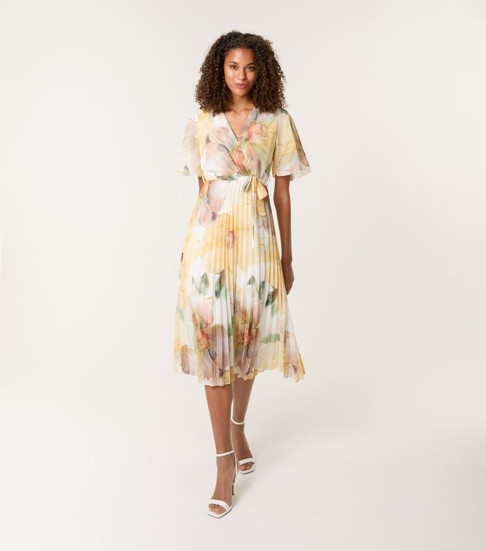 Blue Vanilla Bright Yellow Floral Print Pleated Midi Dress