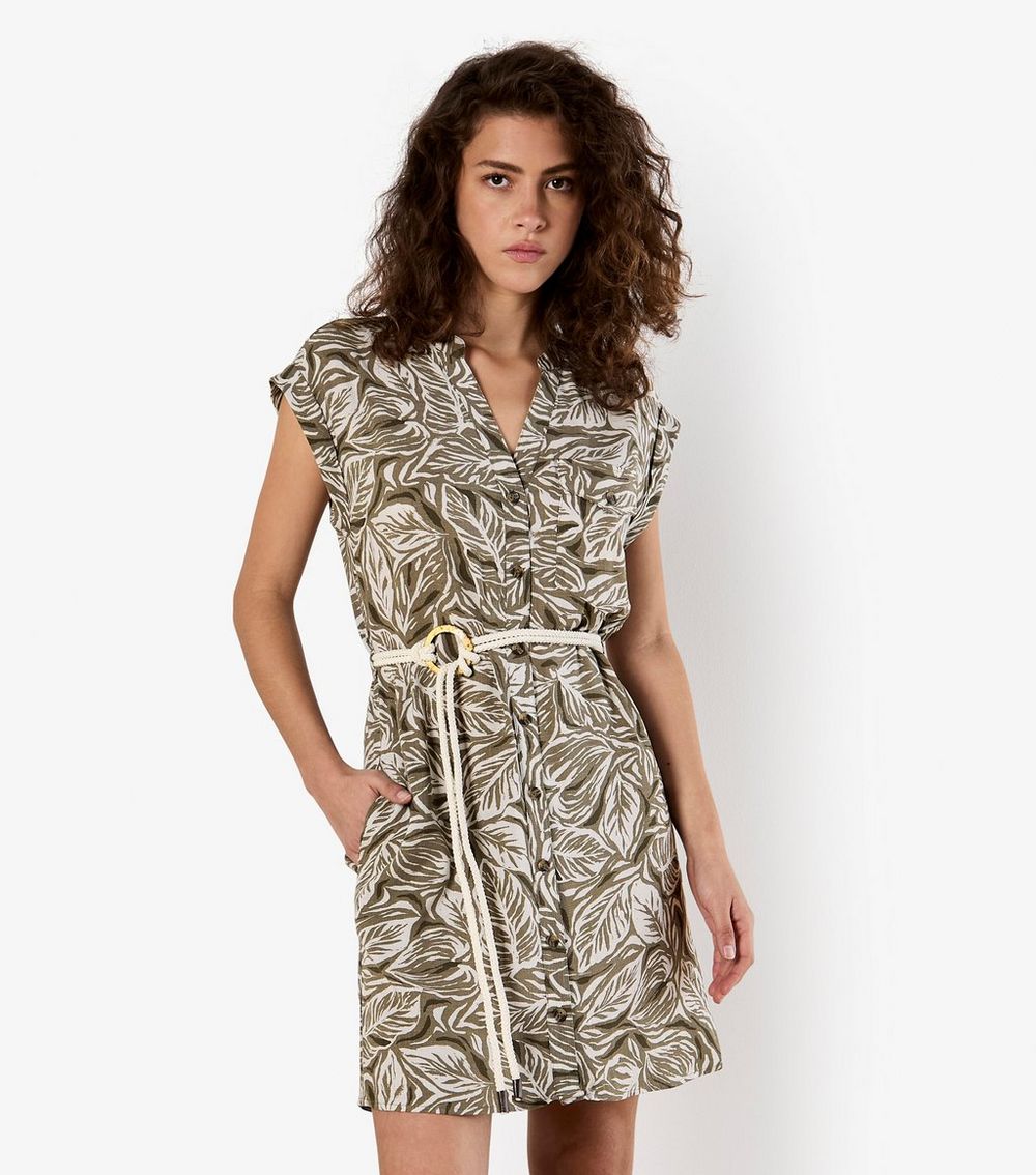 Apricot Olive Leaf Print Rope Belt Mini Dress