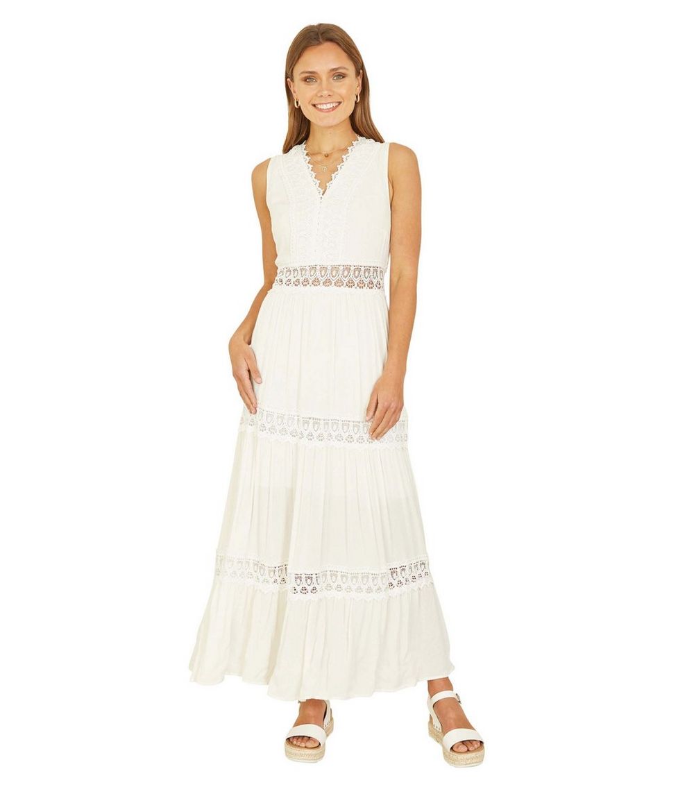 Yumi White Lace Trim Tiered Midi Dress