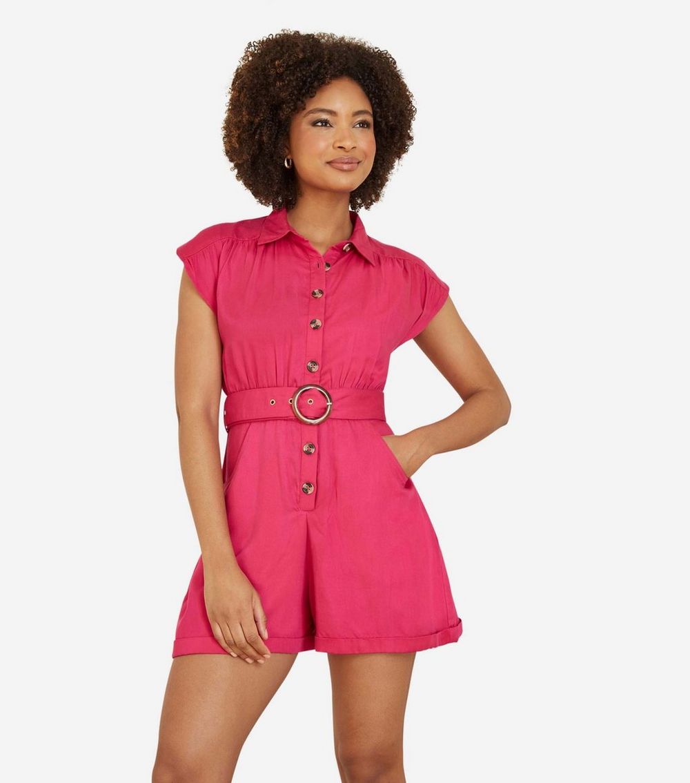 Yumi Pink Belted Twill Playsuit