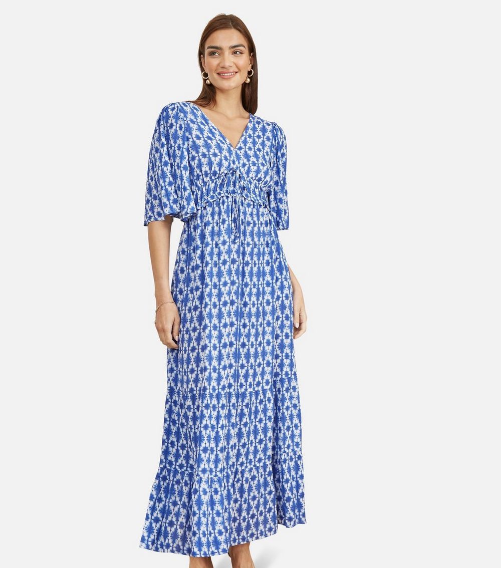 Yumi Blue Aztec Print Smock Waist Midi Dress