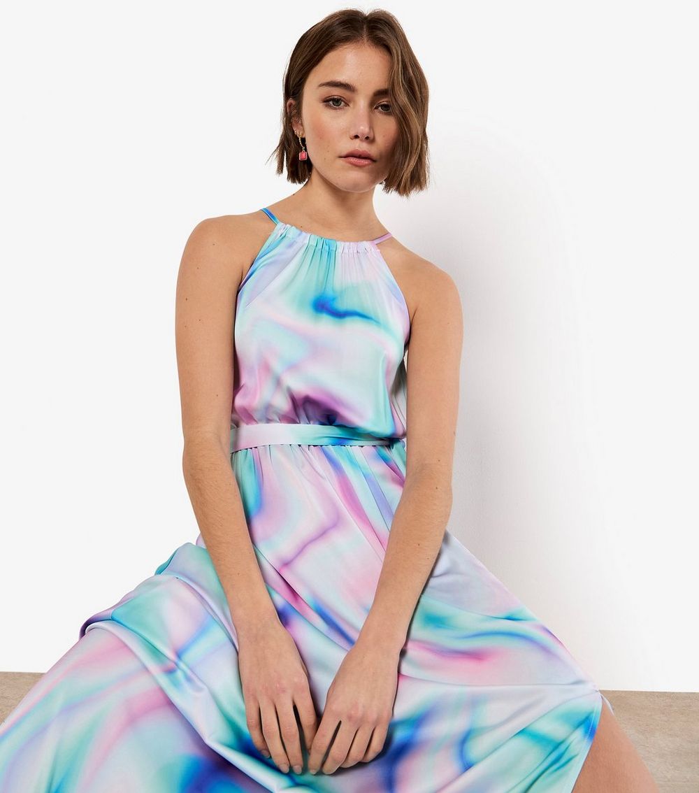 Apricot Mint Green Satin Gradient Print Maxi Dress