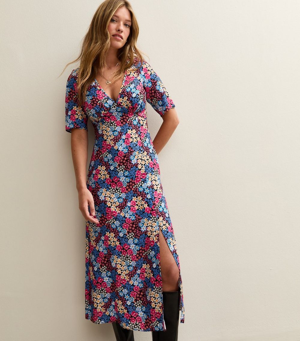 Blue Floral Print Slit Hem Midi Dress