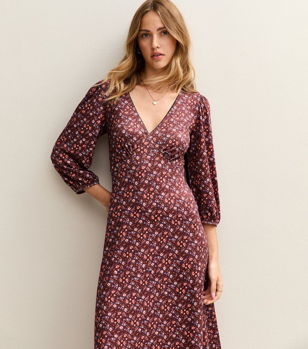 Red Floral Print Midi Tea Dress