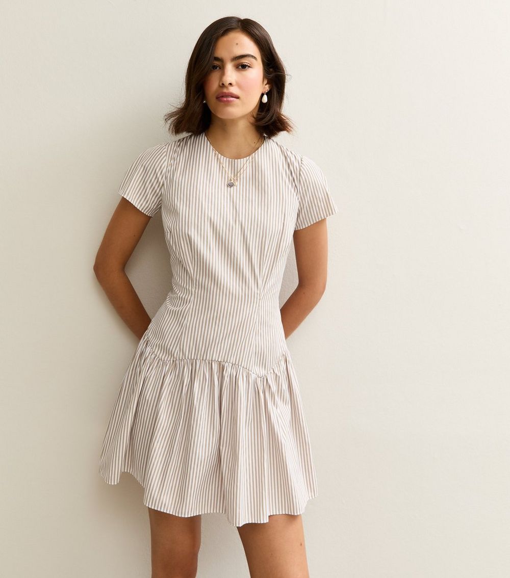 Brown Striped Cap Sleeve Drop Waist Mini Dress